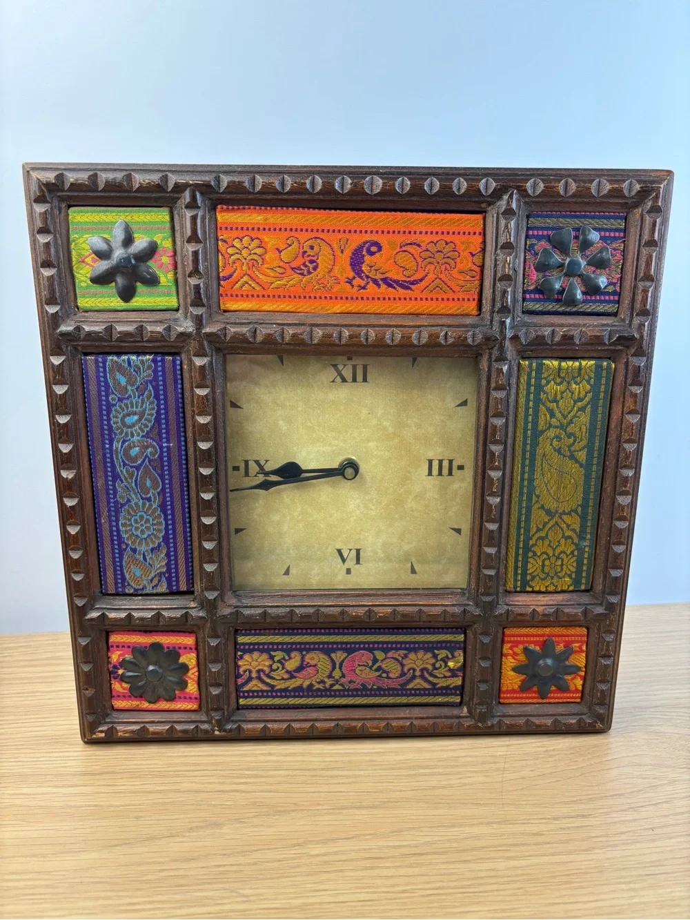 Case India Movement USA Wood Bohemian Style Quartz Clock WORKS!